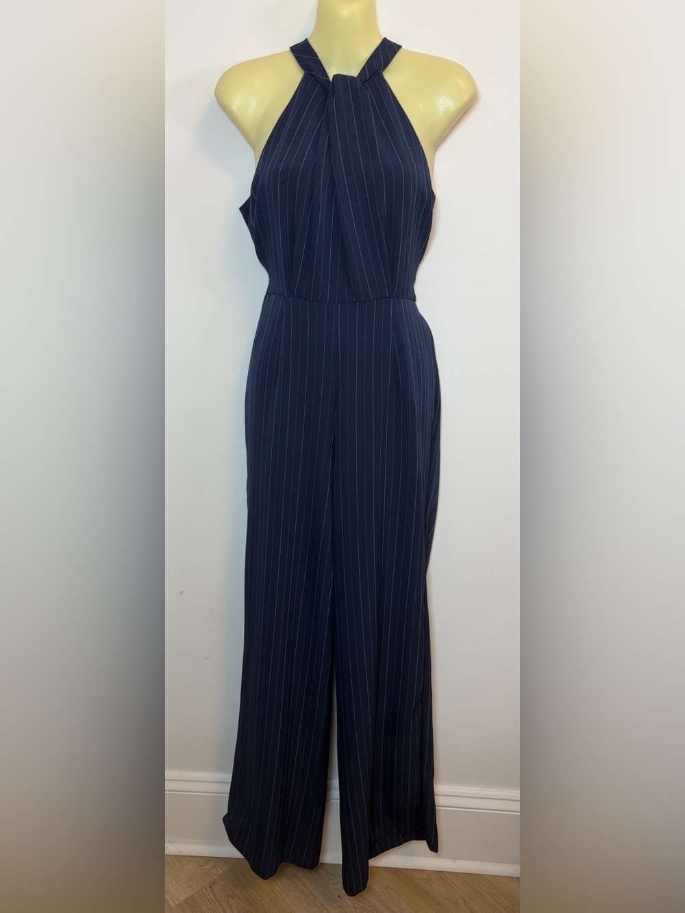 julia jordan Navy Pinstripe Halter Wide-Leg Jumpsuit